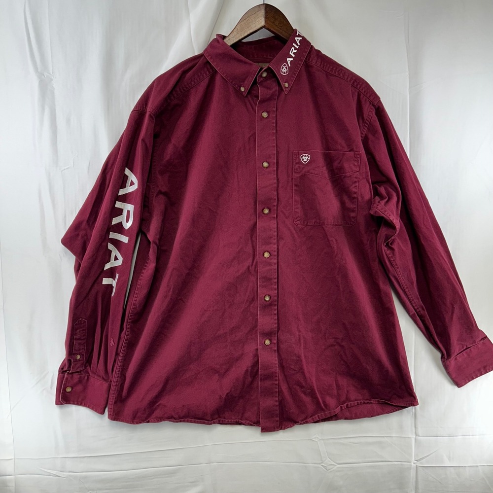 Ariat Button Down Shirt Mens XL Burgundy Embroidered Team Logo Long Sleeve
